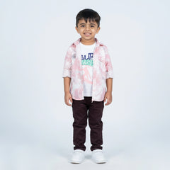 Young boy wearing printed shirt with graphic t-shirt and casual pants kids 3 piece outfit