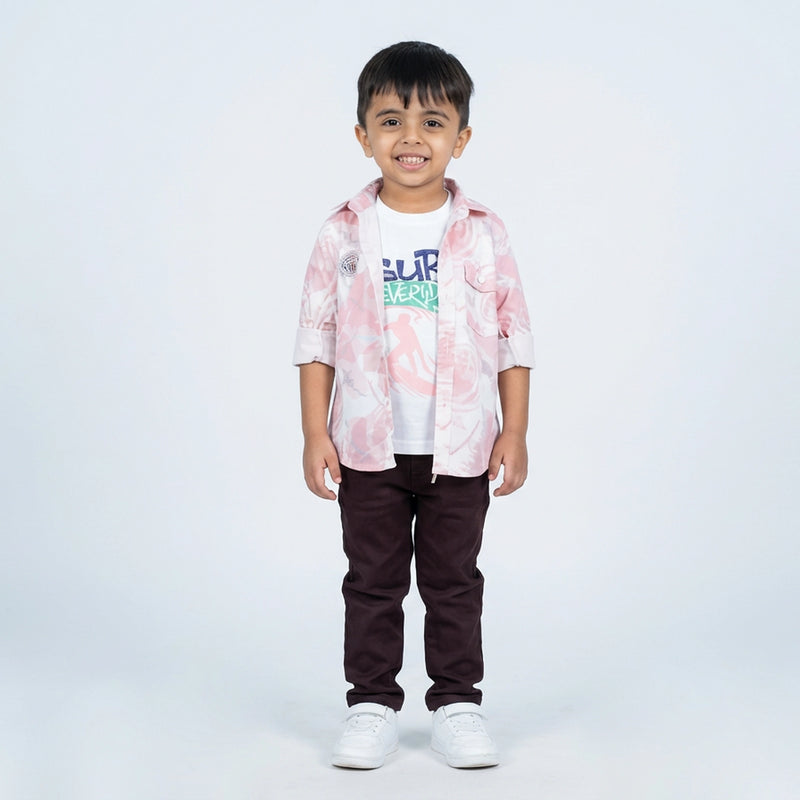 Young boy wearing printed shirt with graphic t-shirt and casual pants kids 3 piece outfit
