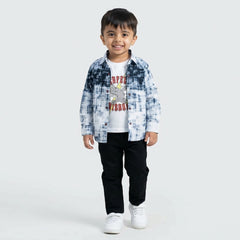 Boys Blue Printed Casual Shirt with Graphic T-Shirt, Black Pants and White Sneakers