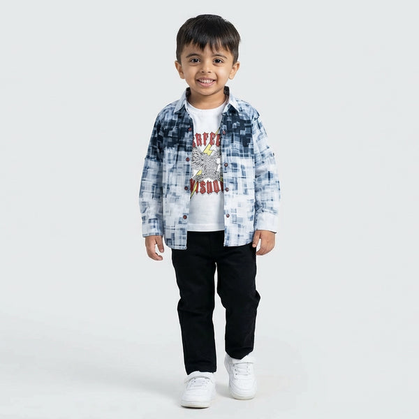 Boys Blue Printed Casual Shirt with Graphic T-Shirt, Black Pants and White Sneakers
