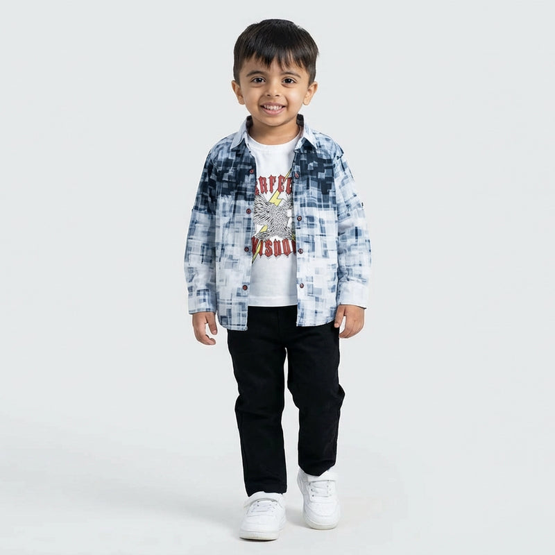 Boys Blue Printed Casual Shirt with Graphic T-Shirt, Black Pants and White Sneakers