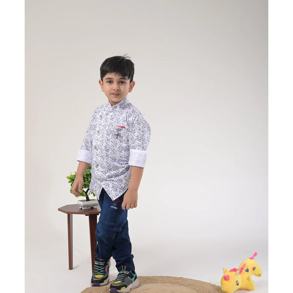 Boys White Abstract Print Shirt with Blue Jeans and Sport Sneakers