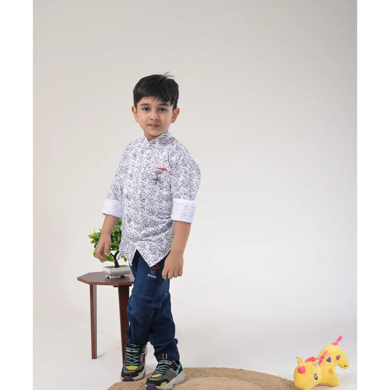 Boys White Abstract Print Shirt with Blue Jeans and Sport Sneakers