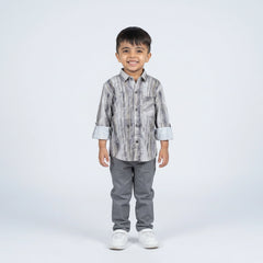 Boys Grey Printed Casual Shirt with Grey Trousers and White Sneakers