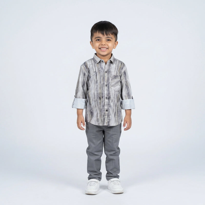 Boys Grey Printed Casual Shirt with Grey Trousers and White Sneakers