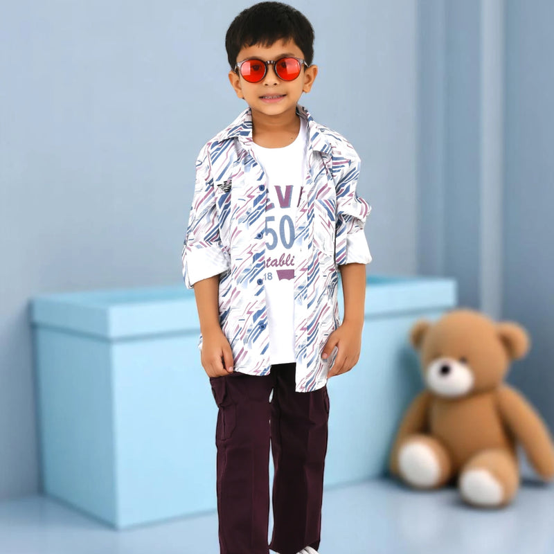 Boys Printed Casual Shirt with Graphic T-Shirt, Cargo Pants.