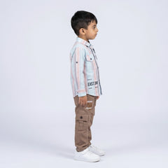 Boys Pink Stripe Casual Shirt with Sage Cargo Pants and White Sneakers