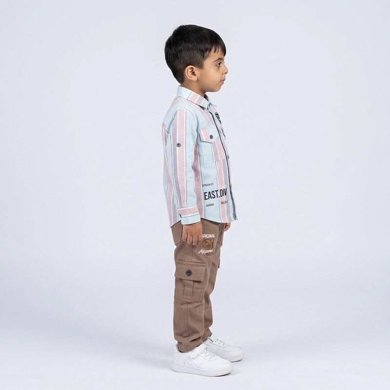 Boys Pink Stripe Casual Shirt with Sage Cargo Pants and White Sneakers
