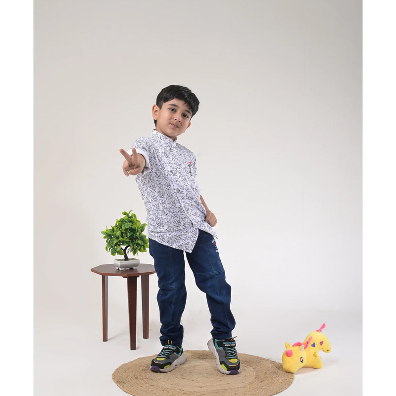 Boys White Abstract Print Shirt with Blue Jeans and Sport Sneakers