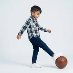 Boys Blue Grey Checked Casual Shirt with Cargo Jeans and White Sneakers