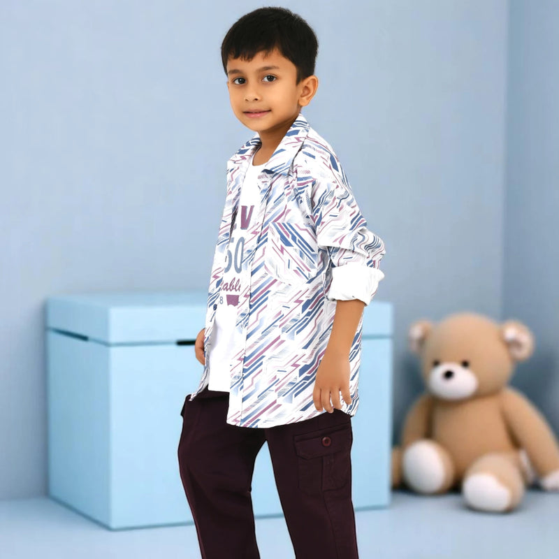 Boys Printed Casual Shirt with Graphic T-Shirt, Cargo Pants.