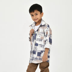 Boys Abstract Printed Shirt with White Graphic T-Shirt, Brown Pants and Black White Sneakers