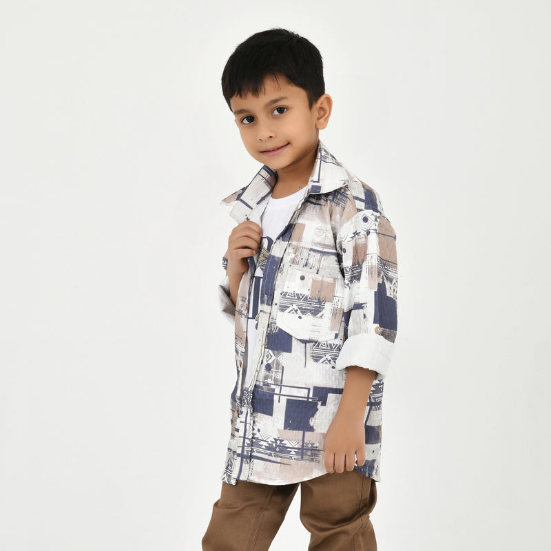 Boys Abstract Printed Shirt with White Graphic T-Shirt, Brown Pants and Black White Sneakers