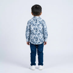 Boys Blue Printed Denim Look Shirt with Cartoon Graphic T-Shirt, Blue Jeans and White Sneakers