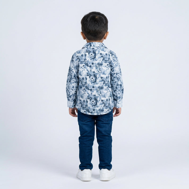 Boys Blue Printed Denim Look Shirt with Cartoon Graphic T-Shirt, Blue Jeans and White Sneakers