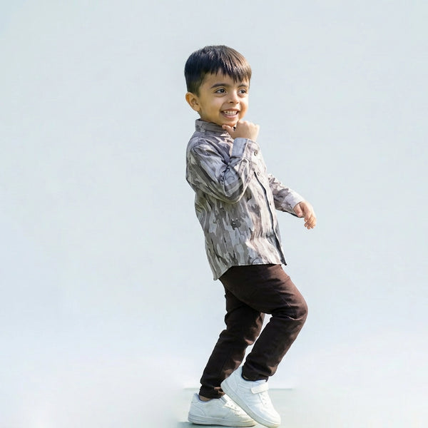 Boys Grey Camouflage Print Shirt with Dark Pants and White Sneakers