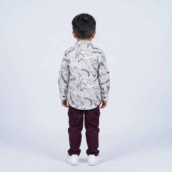 Boys Grey Abstract Printed Shirt with Graphic T-Shirt, Maroon Cargo Pants and White Sneakers