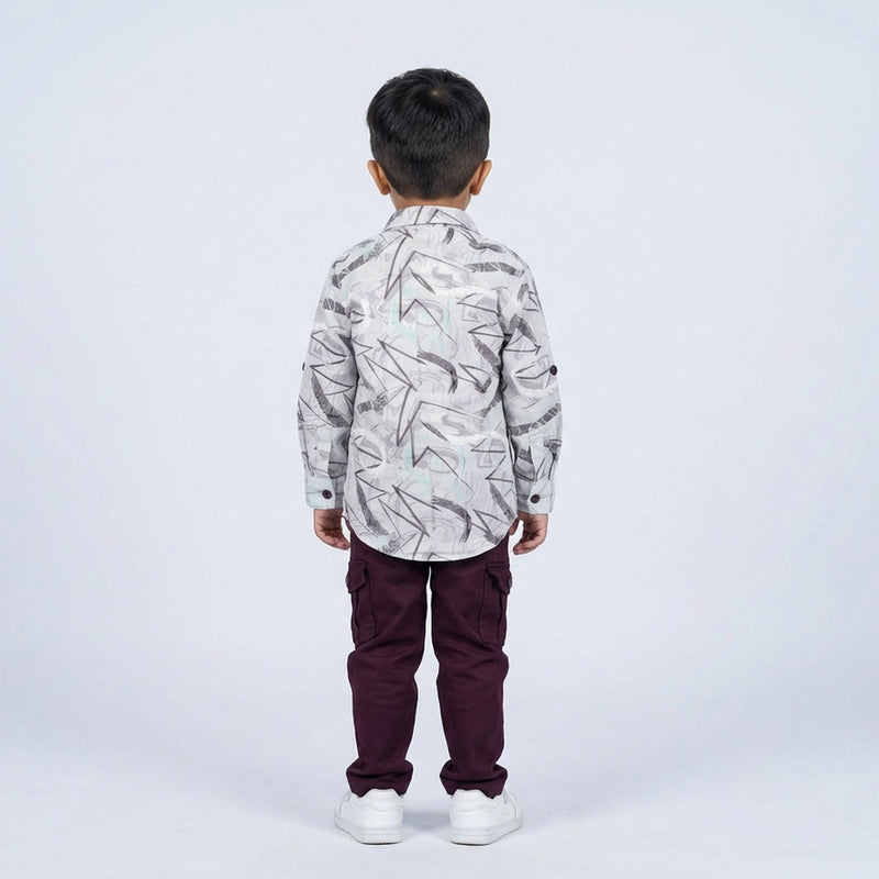 Boys Grey Abstract Printed Shirt with Graphic T-Shirt, Maroon Cargo Pants and White Sneakers