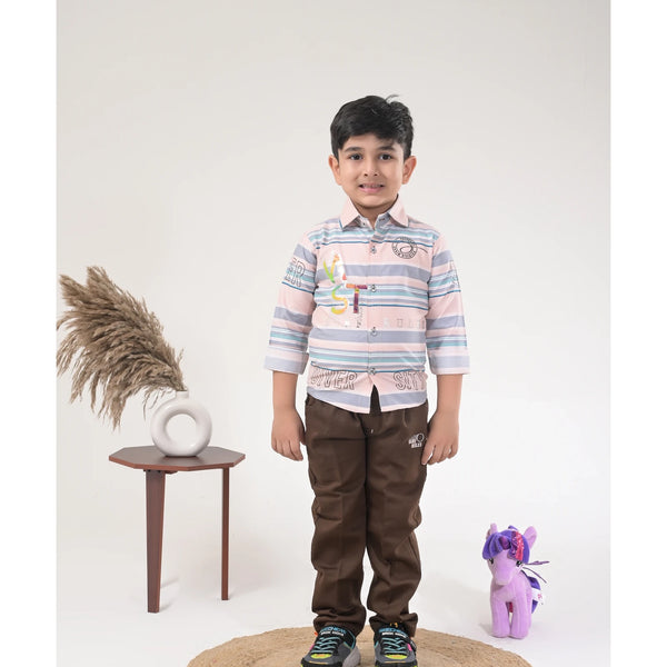 Boys Striped Casual Shirt with Dark Pants and Sport Sneakers – 3 Color Variants