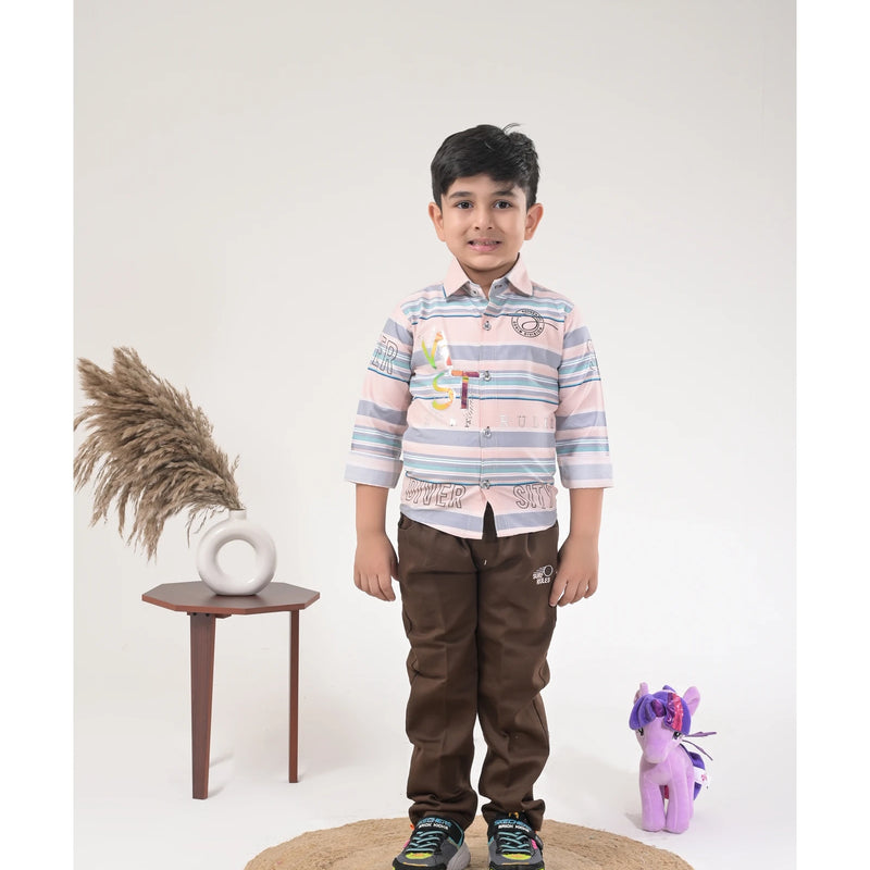 Boys Striped Casual Shirt with Dark Pants and Sport Sneakers – 3 Color Variants