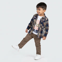 Boys Checked Casual Shirt with White Graphic T-Shirt, Pants and White Sneakers