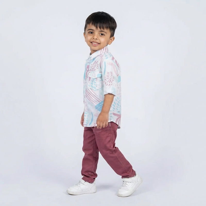 Boys Abstract Print Casual Shirt with Cargo Pants and White Sneakers – 2 Color Variants