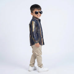 Boys Navy Abstract Printed Shirt with Beige Pants and White Sneakers