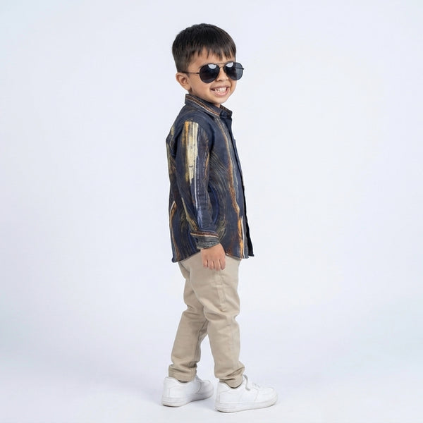 Boys Navy Abstract Printed Shirt with Beige Pants and White Sneakers