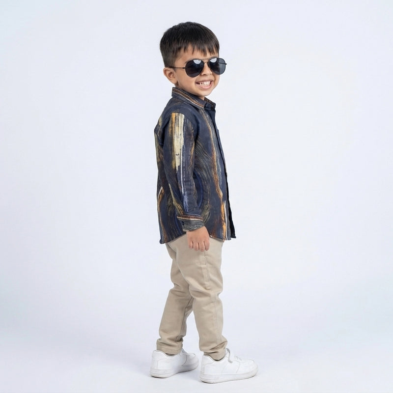 Boys Navy Abstract Printed Shirt with Beige Pants and White Sneakers