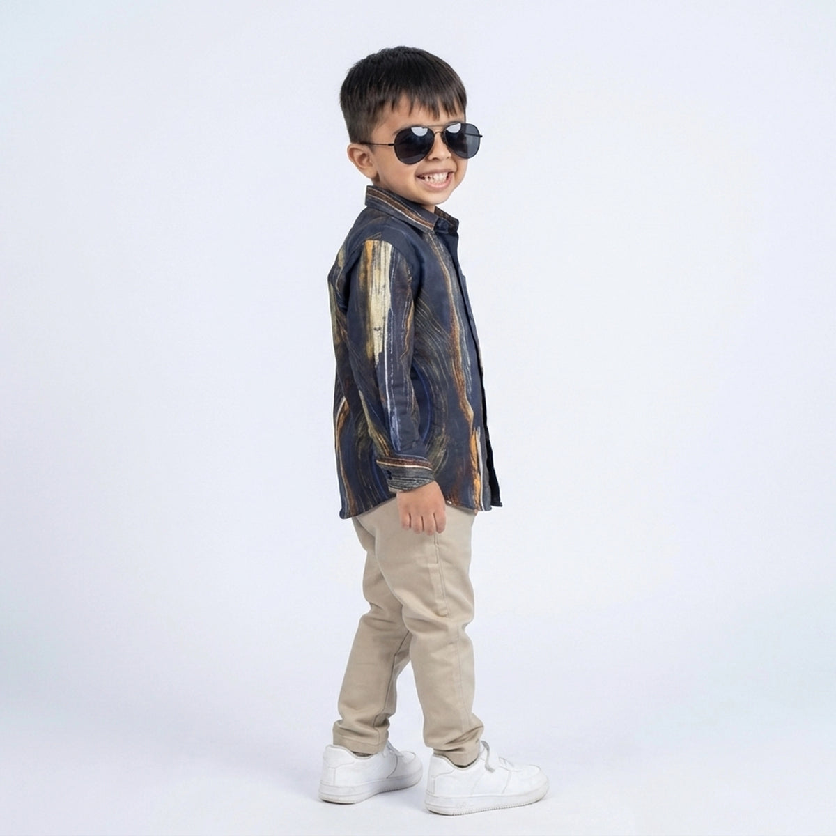 Boys Navy Abstract Printed Shirt with Beige Pants and White Sneakers - image 2