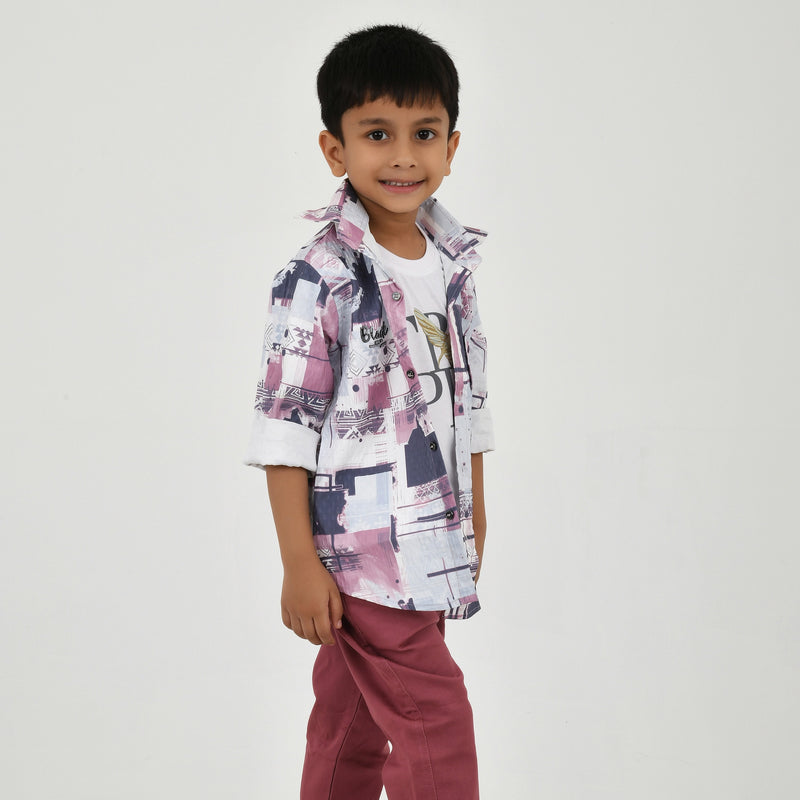 Boys Abstract Printed Shirt with White Graphic T-Shirt, Maroon Pants and Black White Sneakers