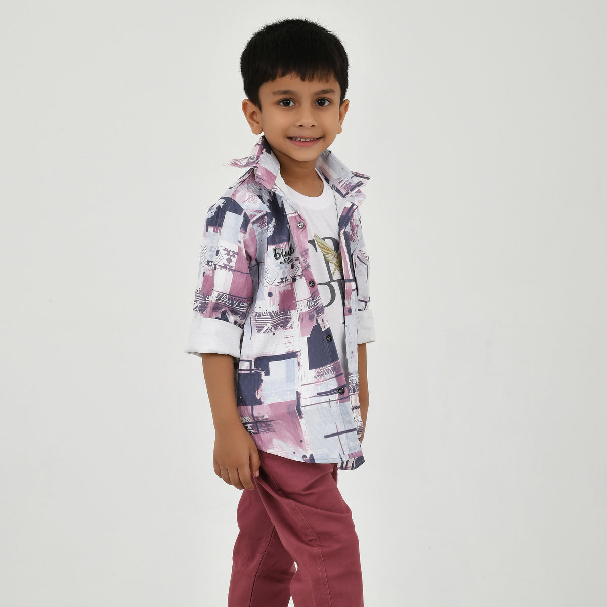 Boys Abstract Printed Shirt with White Graphic T-Shirt, Maroon Pants and Black White Sneakers - image 5