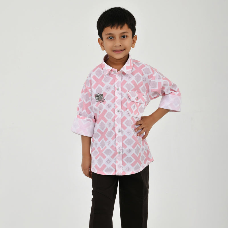 Boys Geometric Print Casual Shirt with Dark Pants and White Sneakers