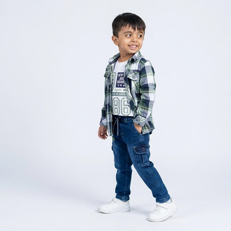 Boys Brown Checked Casual Shirt with White T-Shirt, Blue Cargo Jeans and White Sneakers
