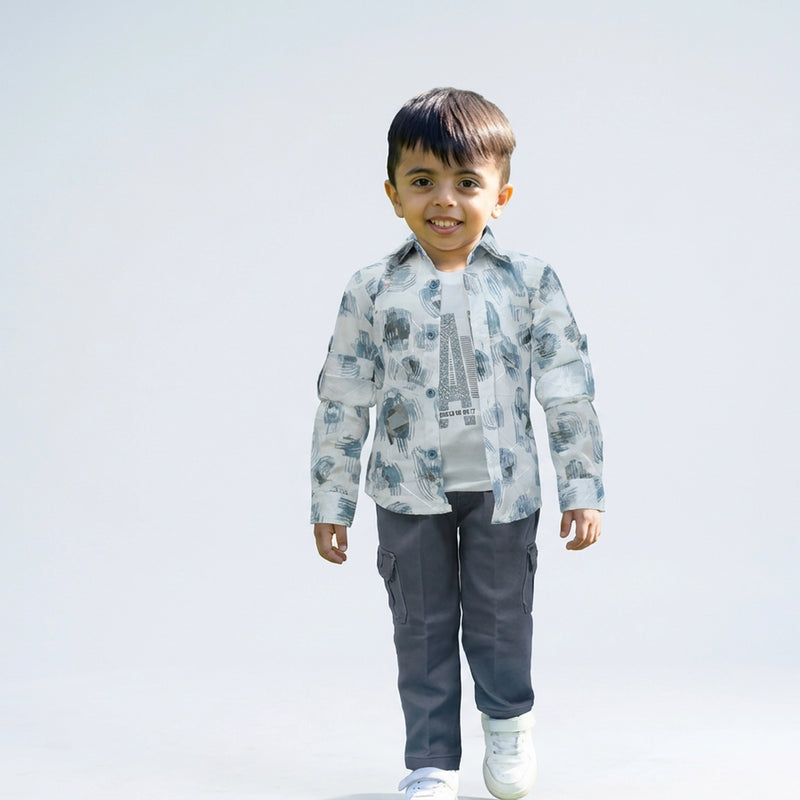 Boys Printed Full Sleeve Shirt with Grey Cargo Pants and White Sneakers Set