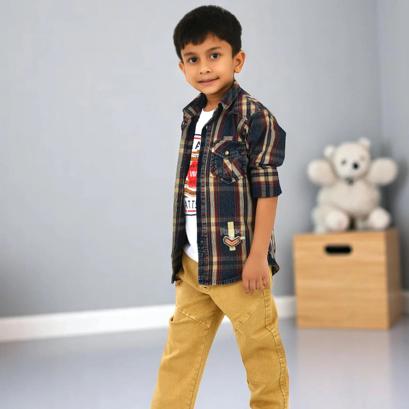 Boys Checked Casual Shirt with White Graphic T-Shirt, Mustard Pants and Black White Sneakers