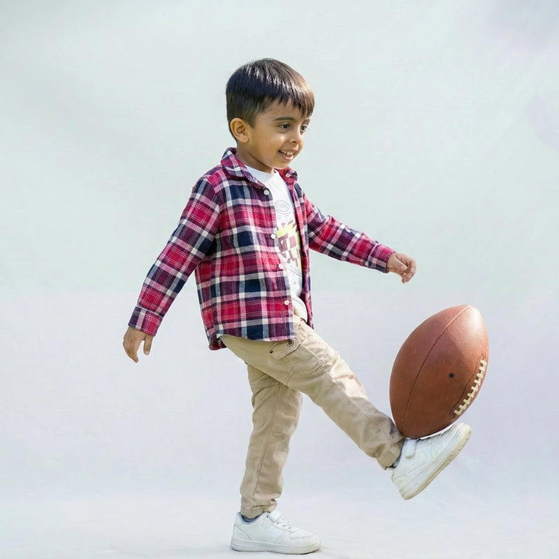 Boys Checked Casual Shirt with Graphic T-Shirt, Cargo Pants and White Sneakers