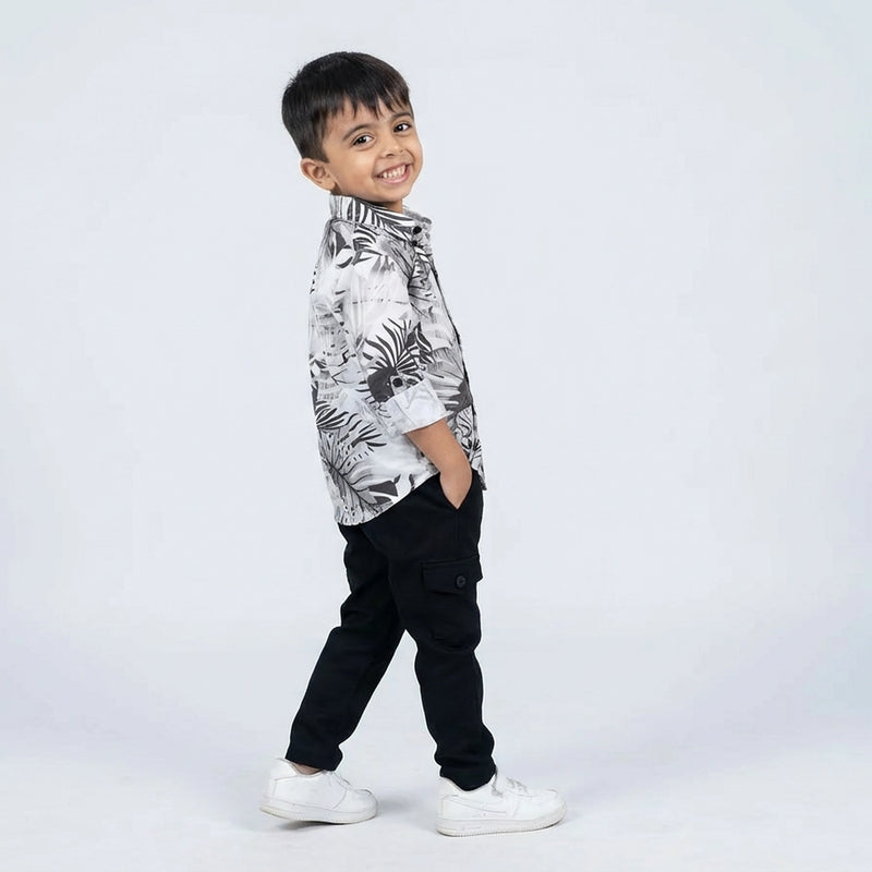 Boys Printed Casual Shirt with Graphic T-Shirt, Black Pants and White Sneakers