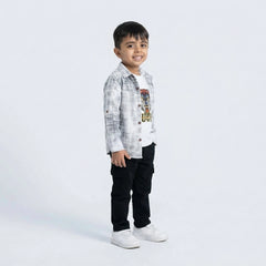 Boys Grey Check Shirt with Tiger Graphic T-Shirt, Black Cargo Pants and White Sneakers