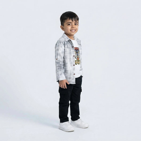Boys Grey Check Shirt with Tiger Graphic T-Shirt, Black Cargo Pants and White Sneakers