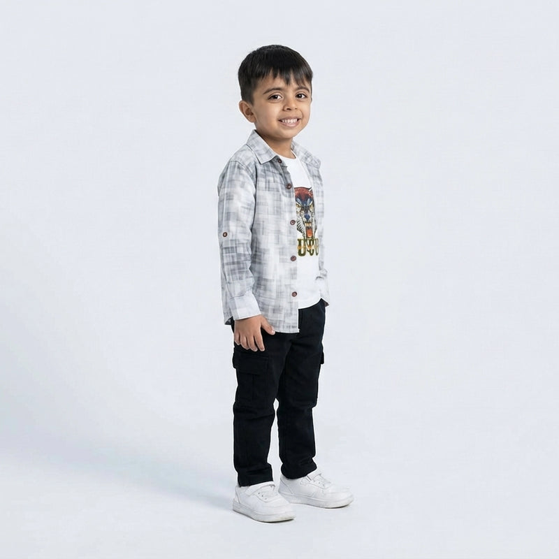 Boys Grey Check Shirt with Tiger Graphic T-Shirt, Black Cargo Pants and White Sneakers