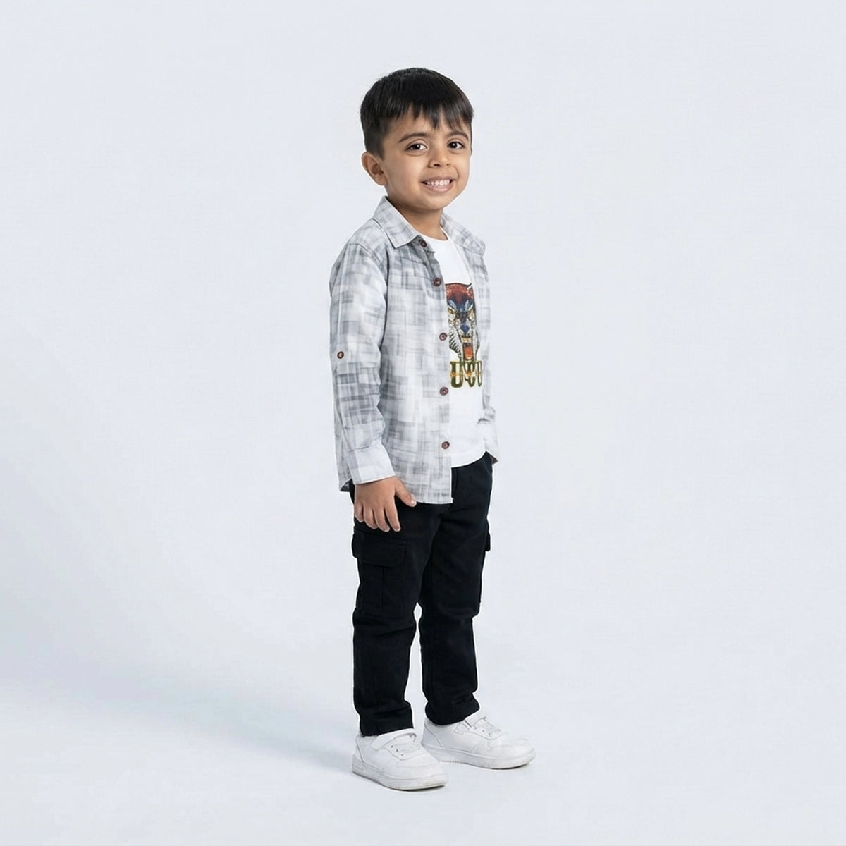Boys Grey Check Shirt with Tiger Graphic T-Shirt, Black Cargo Pants and White Sneakers