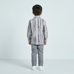 Boys Grey Printed Casual Shirt with Grey Trousers and White Sneakers