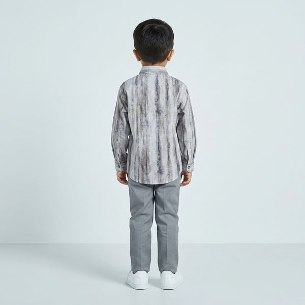 Boys Grey Printed Casual Shirt with Grey Trousers and White Sneakers