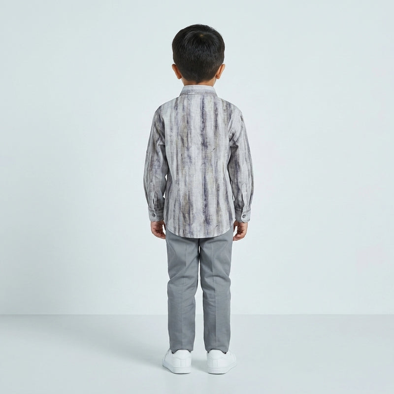 Boys Grey Printed Casual Shirt with Grey Trousers and White Sneakers