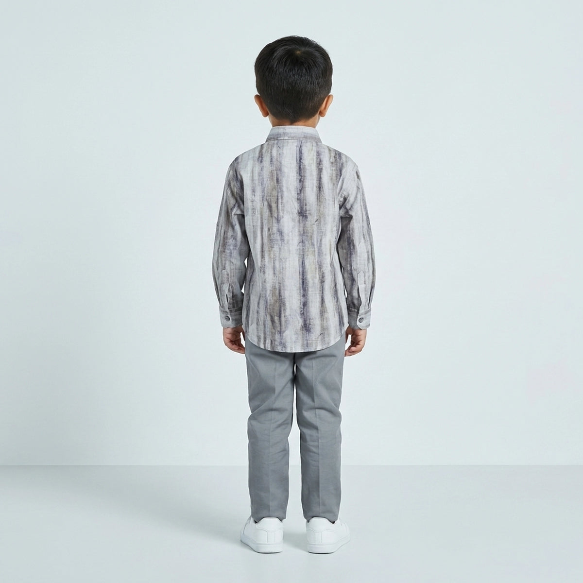 Boys Grey Printed Casual Shirt with Grey Trousers and White Sneakers - image 3