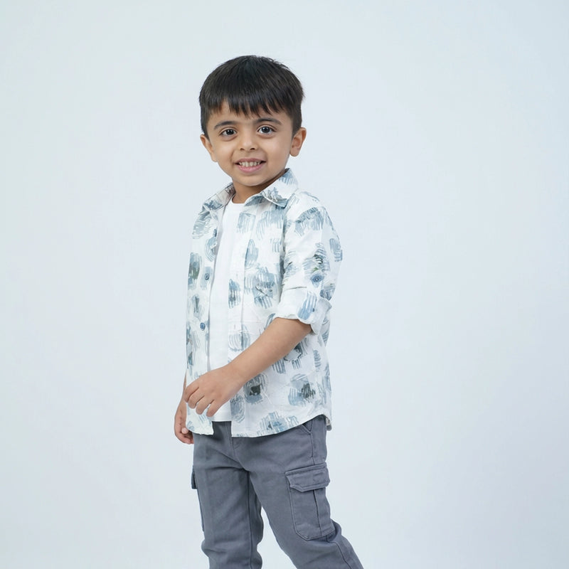 Boys Printed Full Sleeve Shirt with Grey Cargo Pants and White Sneakers Set