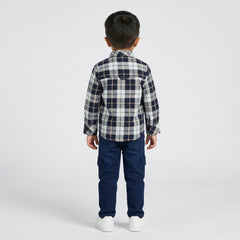 Boys Blue Grey Checked Casual Shirt with Cargo Jeans and White Sneakers