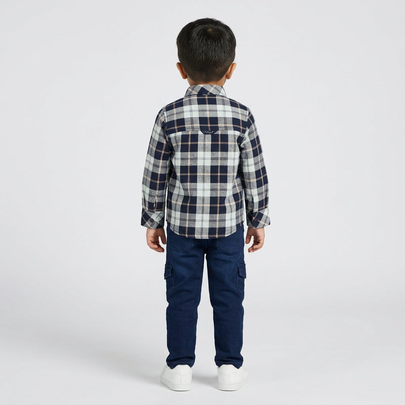 Boys Blue Grey Checked Casual Shirt with Cargo Jeans and White Sneakers