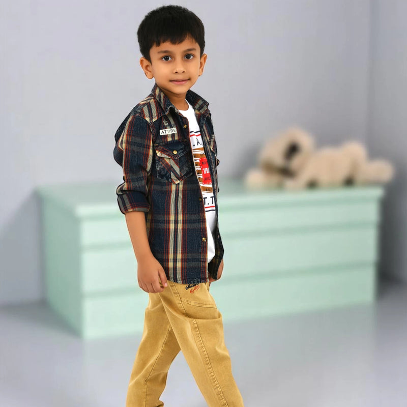 Boys Checked Casual Shirt with White Graphic T-Shirt, Mustard Pants and Black White Sneakers